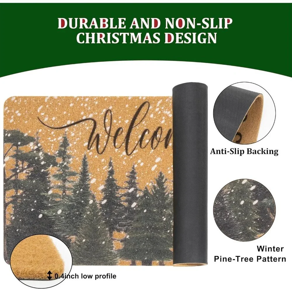 Festive 17x30” Outdoor Doormat, Faux Coir with Non-Slip Backing & Pine Trees